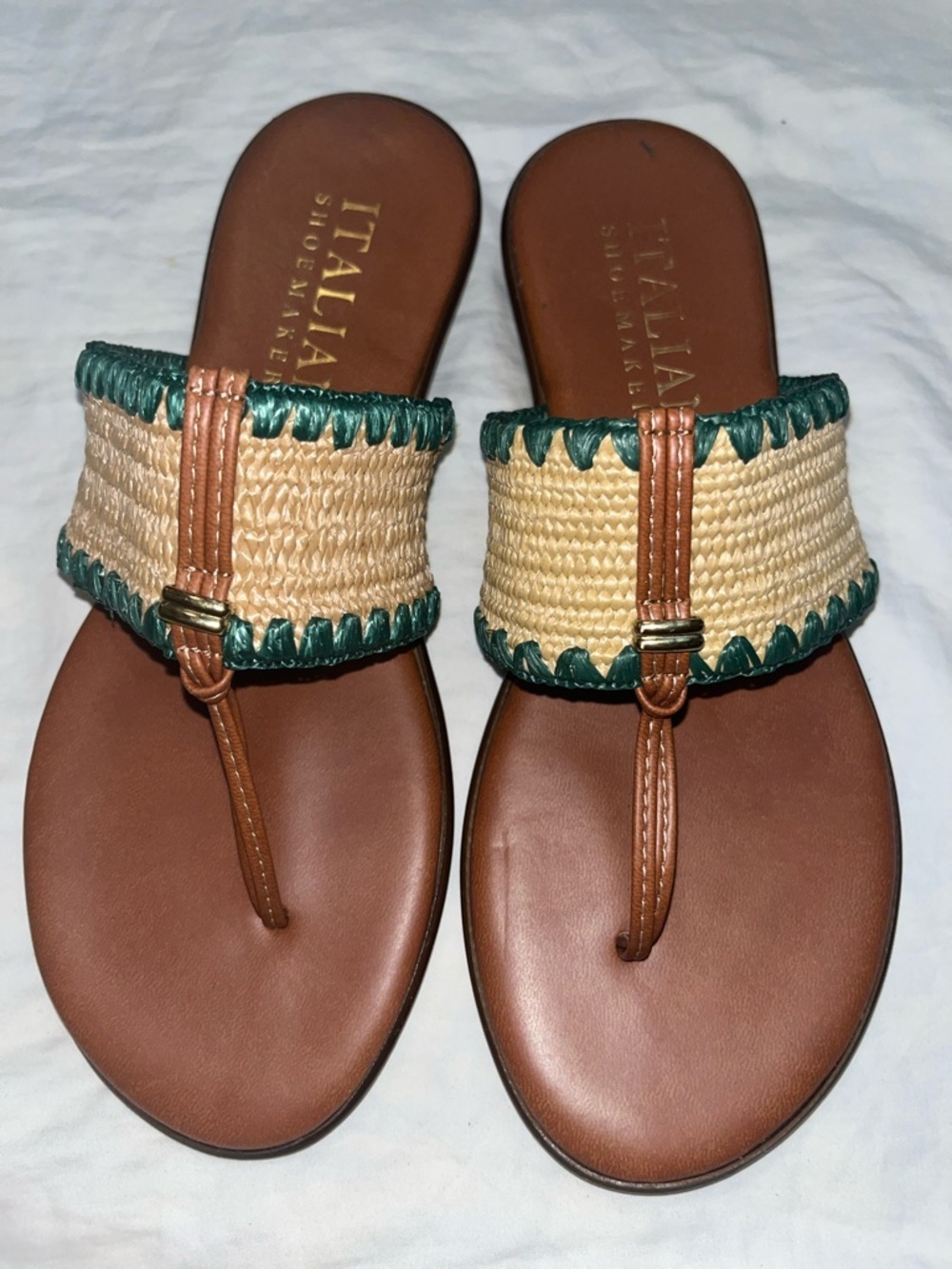 Italian Shoemakers Brown Leather and Natural Straw Thong Sandals with Green Trim